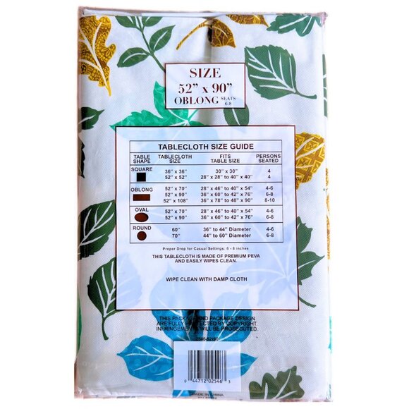 BETTER HOME Peva Flannel Back Oblong Green Gold Leaf TableCloth Sz 52" x 90" NEW - Picture 2 of 2